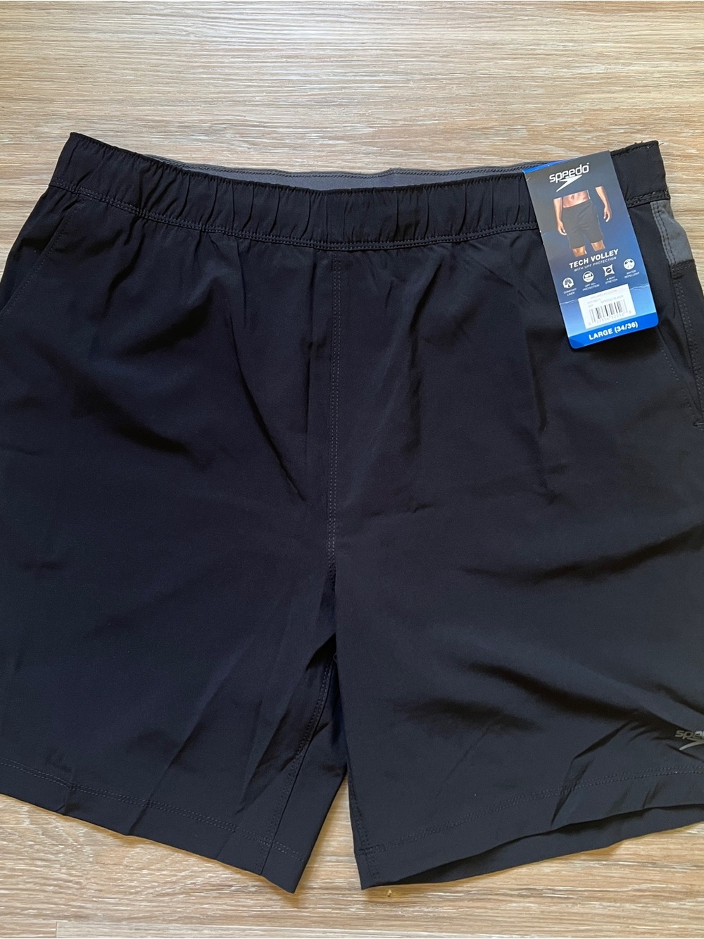 Speedo Men’s Tech Volley Swim Shorts Black Gray UPF 50+ Large 34–36 NWT
